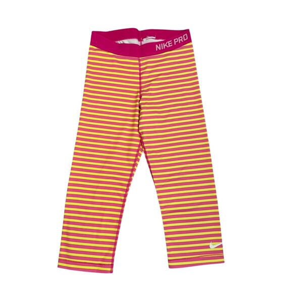 Nike Pro Crop Leggings Pink Yellow Stripe Size Youth Girl's Medium 10/12 - Picture 1 of 4